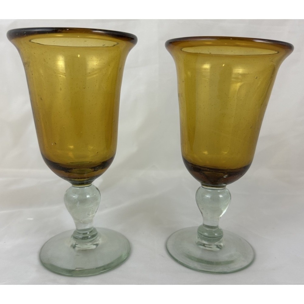 Amber & Sea Green  Goblets Glasses 6.5" Stem  Set Of 2 Mexico? Heavy Hand Blown